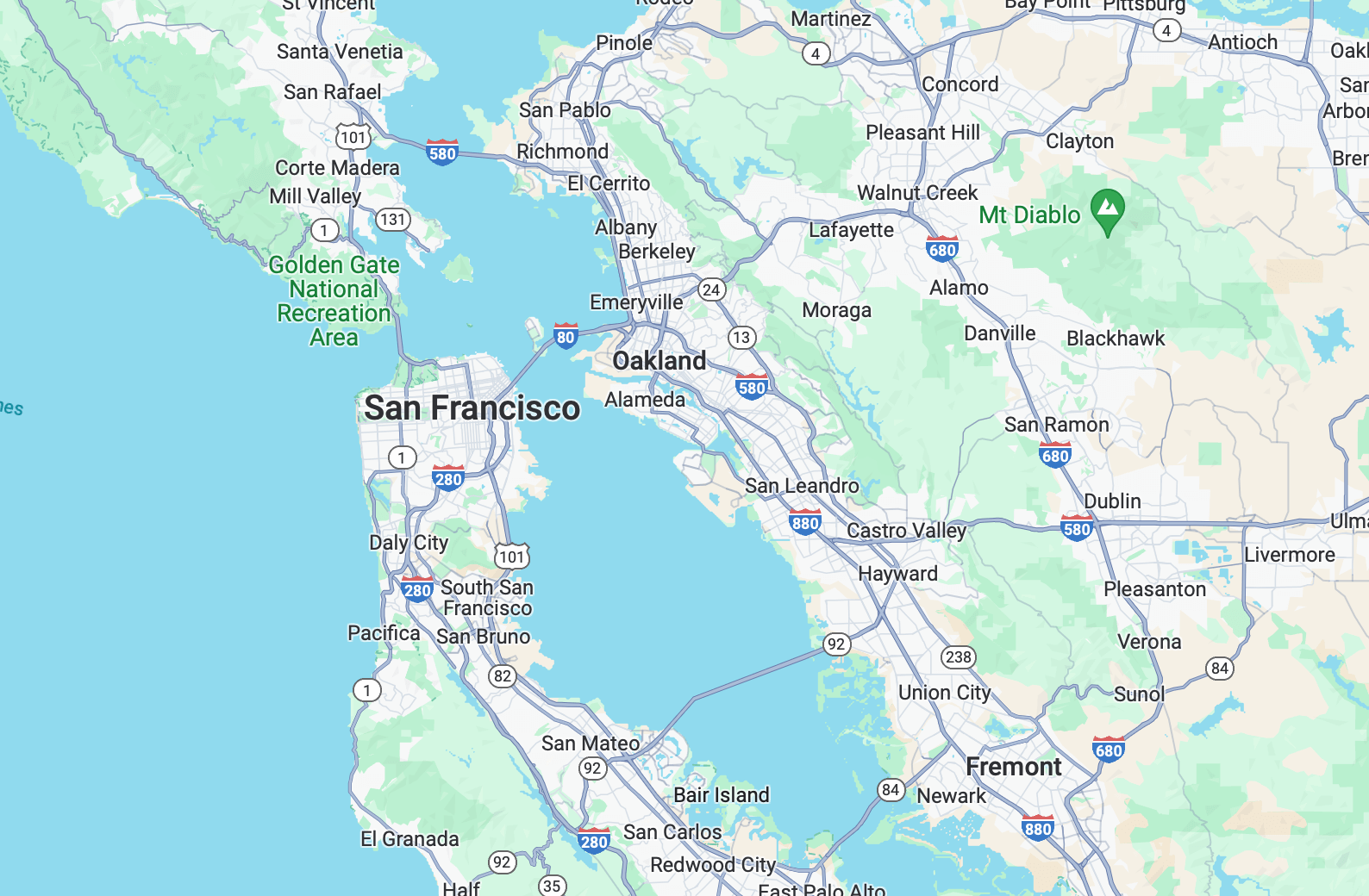 Map showing the East Bay region and major cities